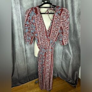 Wrapper V Neck Cropped Jumpsuit Floral Burgandy Boho Paisley